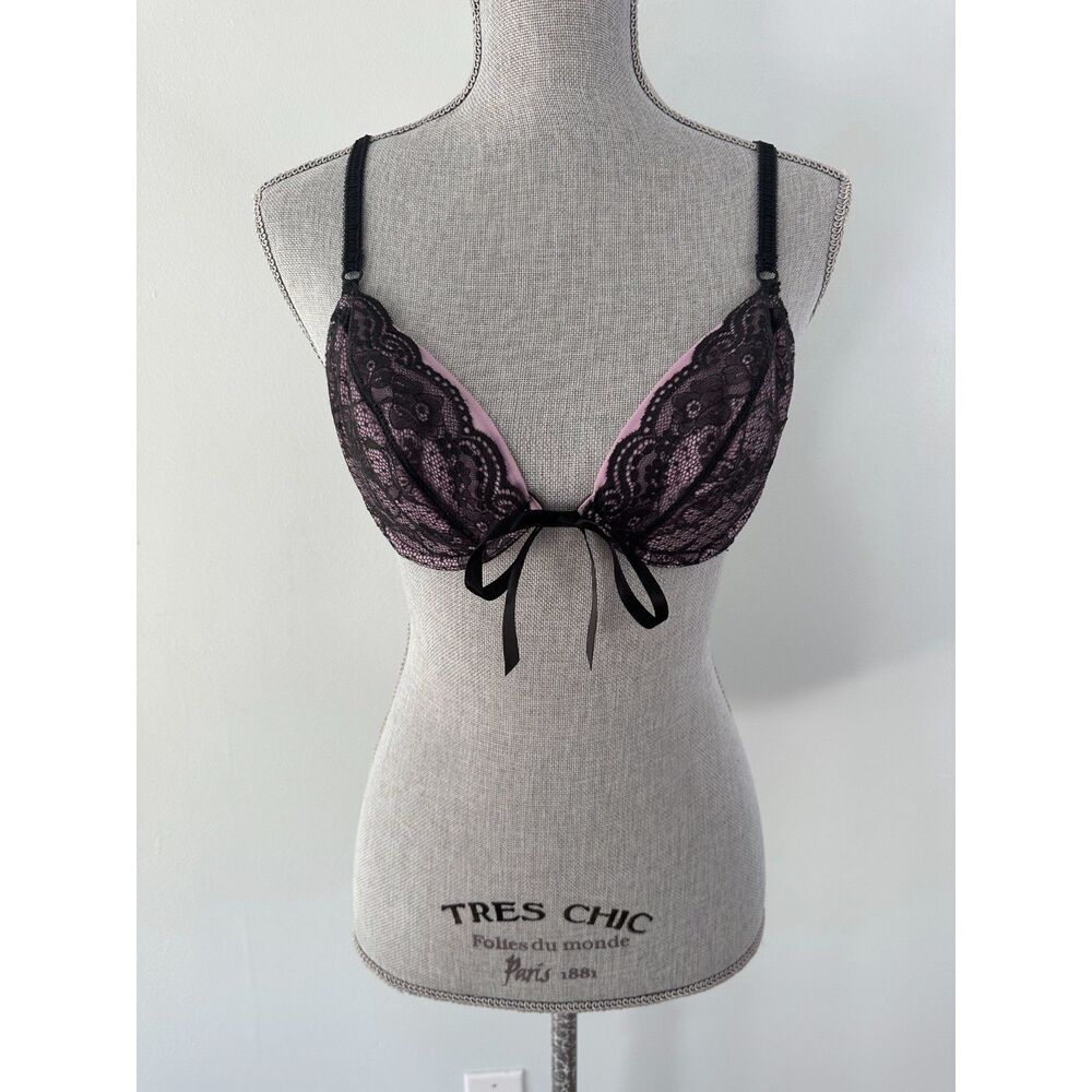 Vintage Victoria's Secret Pink Black Lace Bra Bow Coquette Y2K Balconette Sz 36B